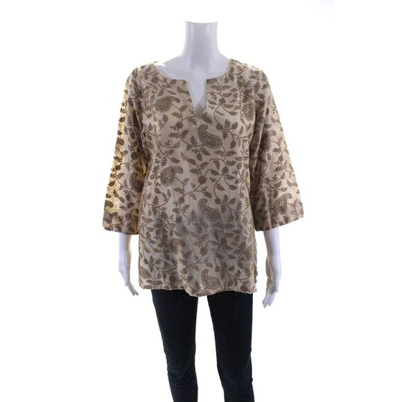 Jennifer T Womens Embroidered Paisley Y Neck 3/4 Sleeve Top Blouse Beige IT 42 - Picture 1 of 4